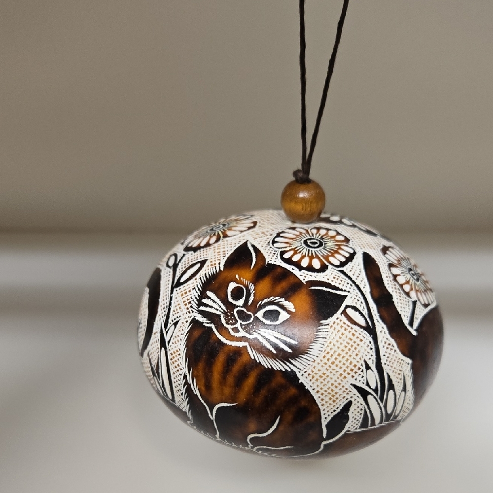 Handmade Artisan Cat Hanging Ornament - Brown and White